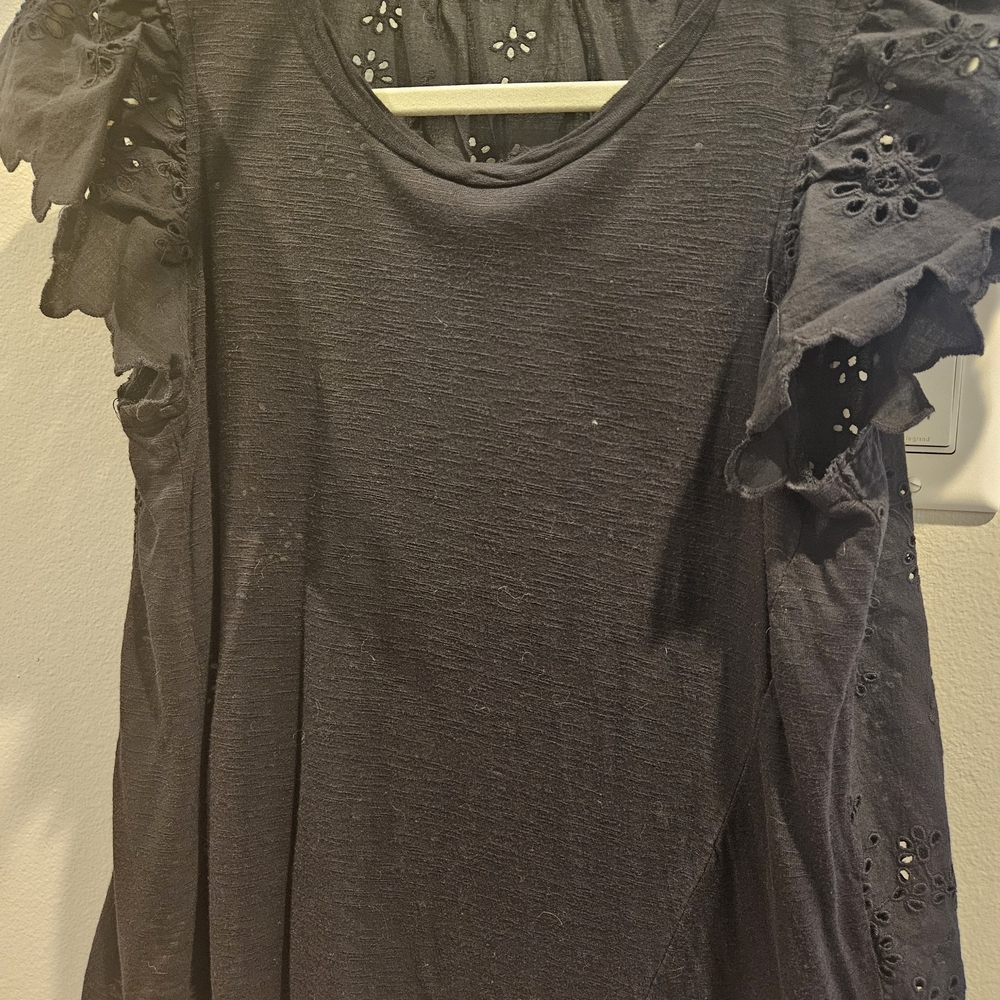 Black Eyelet Ruffle Sleeve Tunic Top - Women
